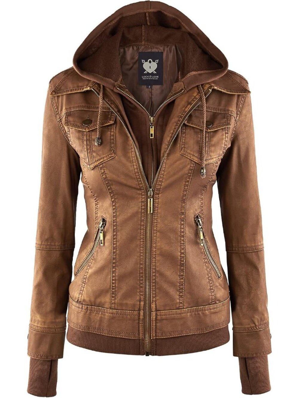 Women's Dark Camel Faux Leather Removable Hoodie Zipper Fit Quilted Biker Jacket